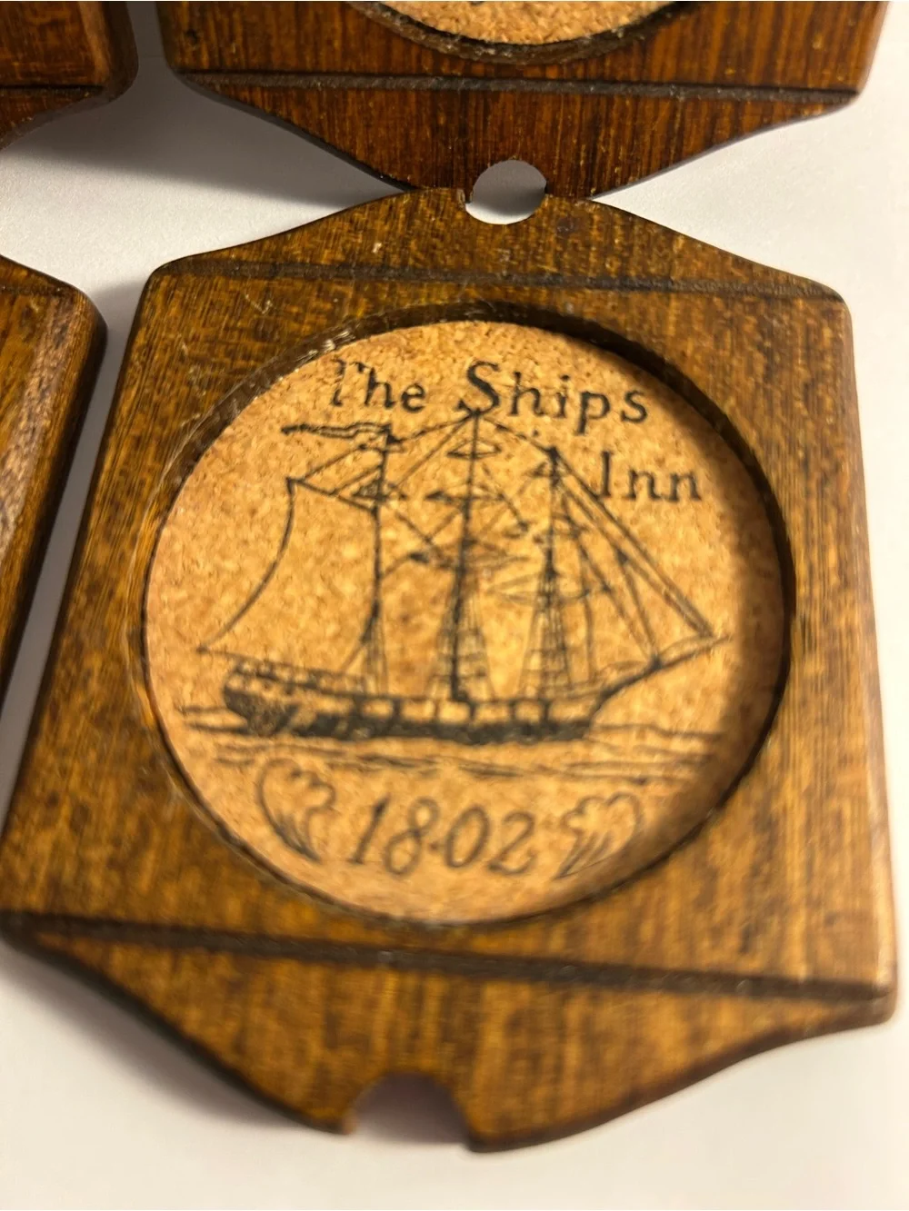 5 vintage coasters Woodcrest by Styson The Ships Inn 1802 Wood Pressed Cork SET